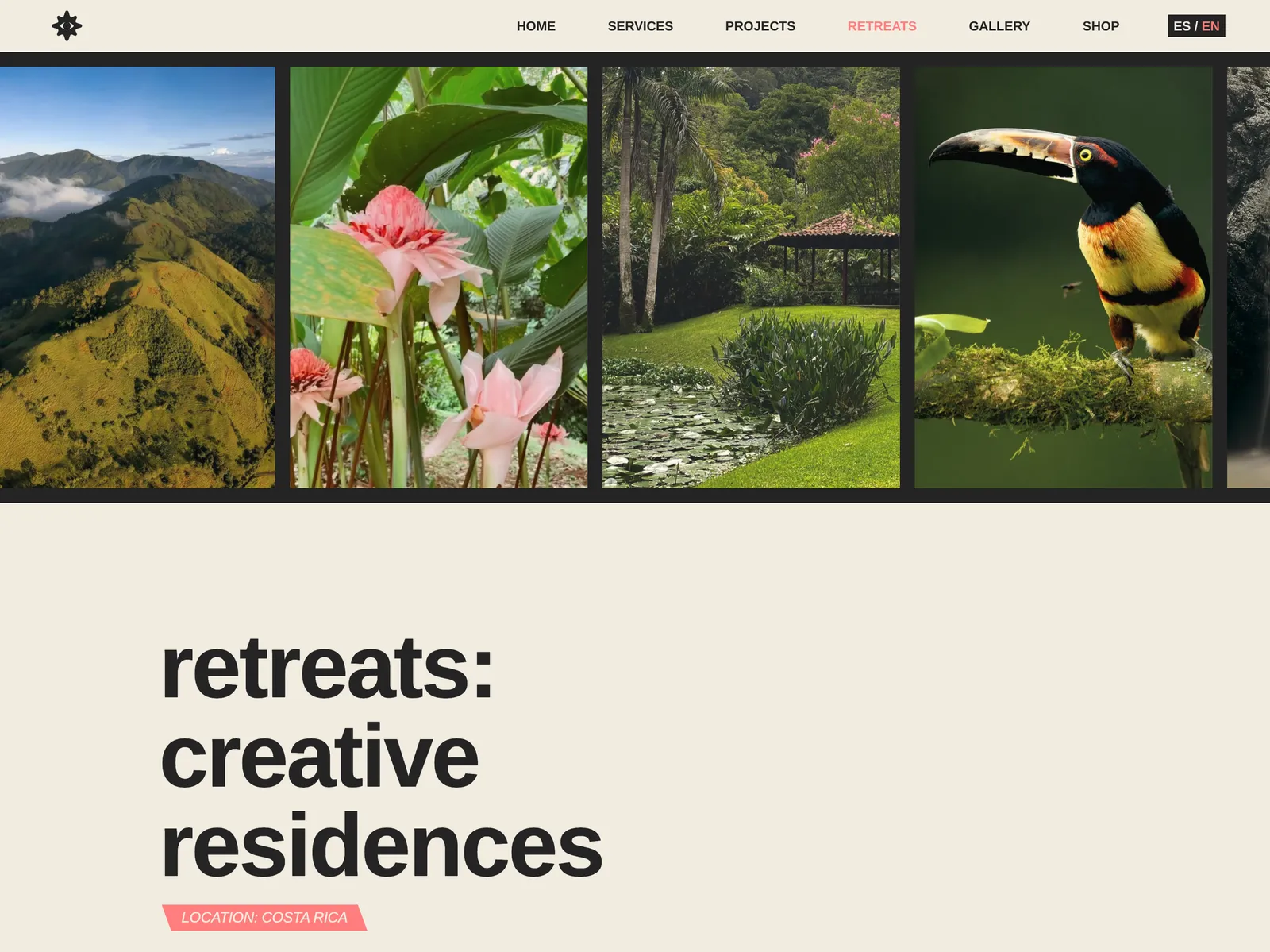 Retreats page with the Costa Rica image strip